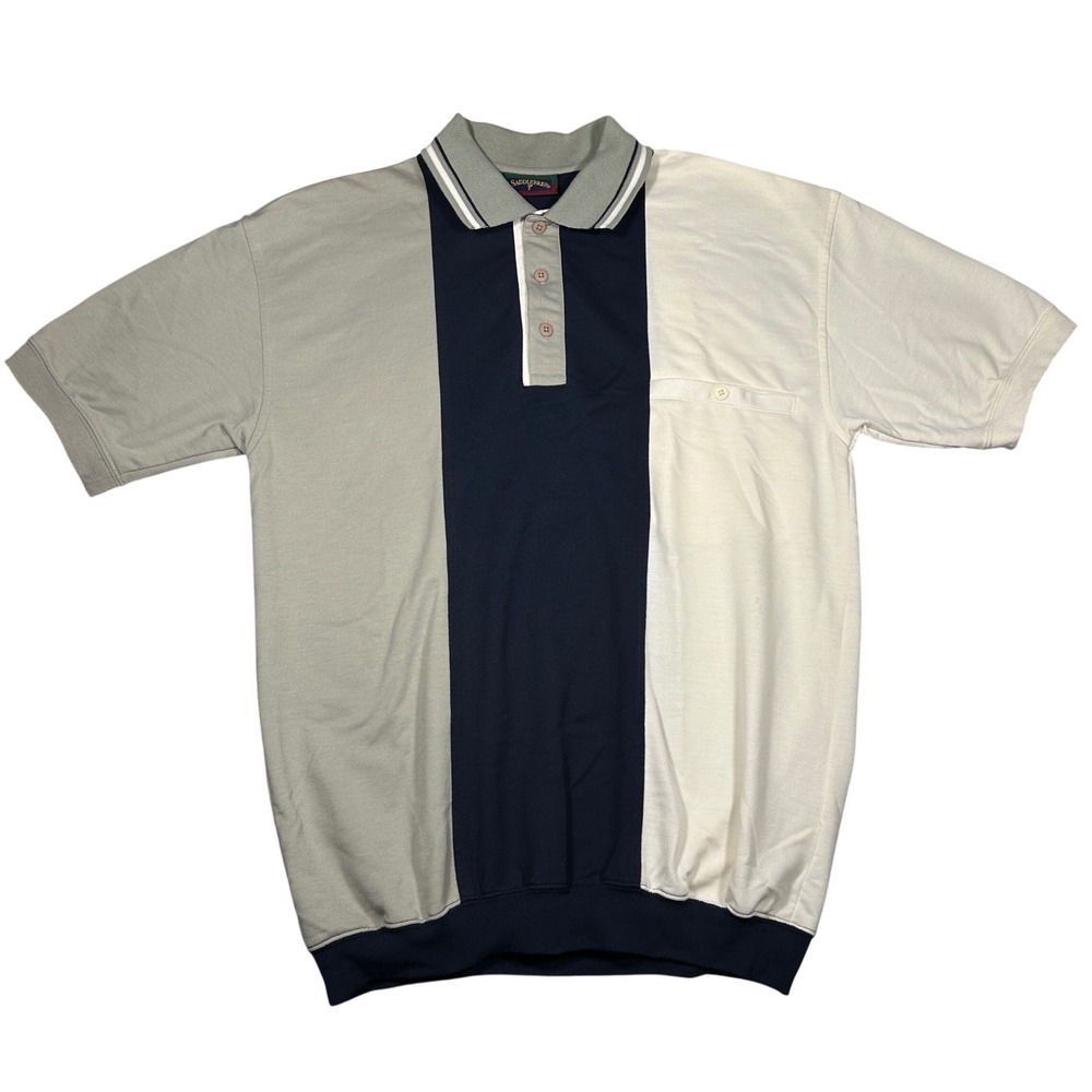 Saddlebred Mens Colorblock Polo Shirt Blue Grey Cream Banded Hem Size M Vintage